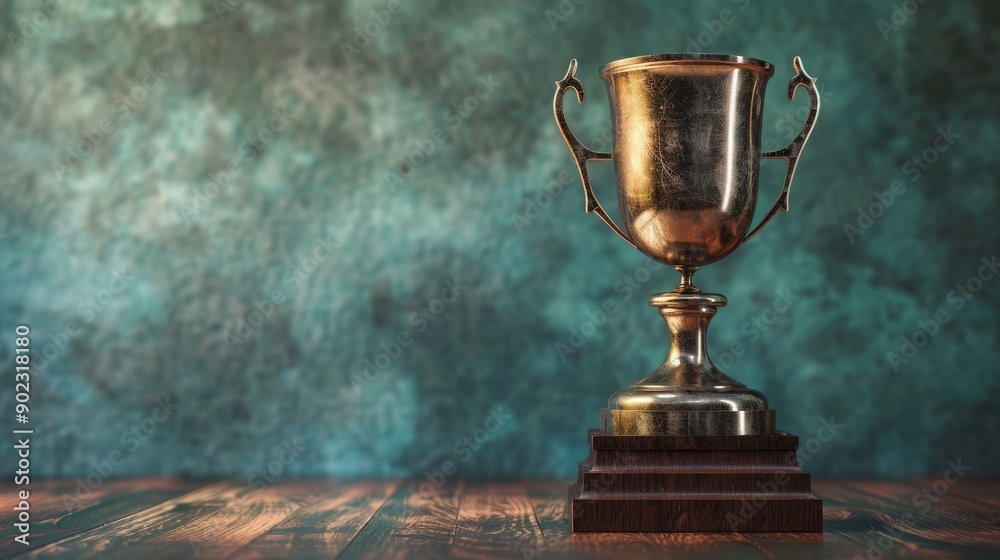 A classic gold trophy sits on a wooden table against a textured green background, symbolizing achievement and success. A classic gold trophy sits on a wooden table against a textured green background, symbolizing achievement and success.