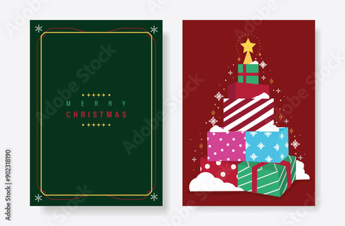 Elegant christmas tree invitation card vector set. Christmas tree, gift box, snowflake on green and red background. Design illustration for cover, print, poster, wallpaper.