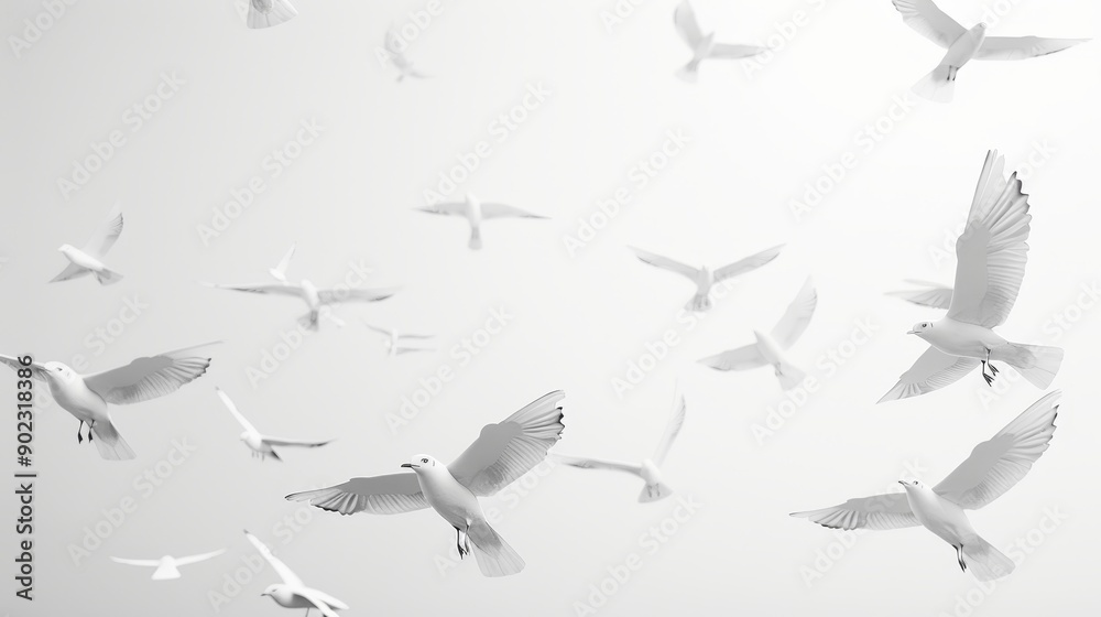 Obraz premium A flock of white birds flying in a clear, bright sky. The birds are silhouetted against the sky, creating a minimalist and serene image.
