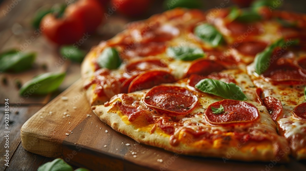 A freshly baked pepperoni pizza with melted cheese and basil leaves on a wooden board. A freshly baked pepperoni pizza with melted cheese and basil leaves on a wooden board.