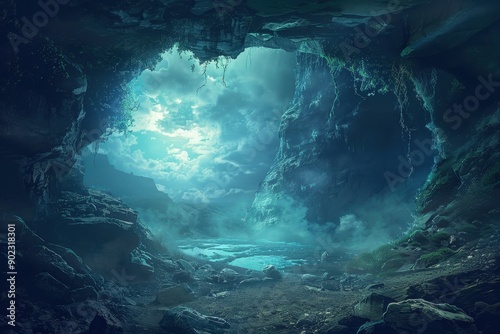 Mysterious Cave Entrance With Misty Blue Moonlight And Glowing Plants