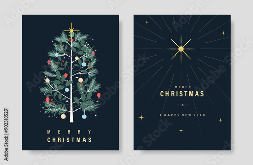 Luxury christmas tree invitation card vector set. Christmas tree, christmas bauble, leaves, holly, firework on navy blue background. Design illustration for cover, print, poster, wallpaper.