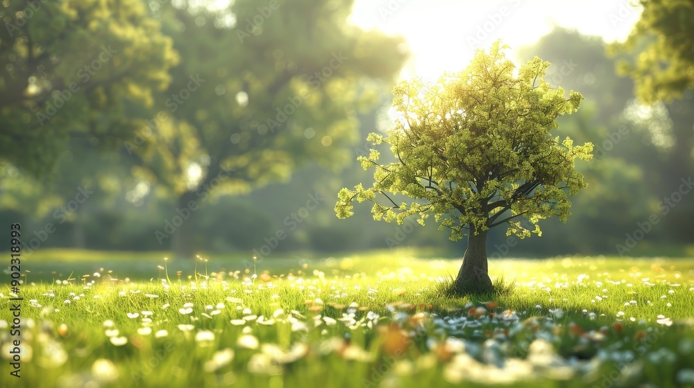 Fototapeta premium A single tree stands tall in a field of wildflowers, bathed in the warm glow of the morning sun.