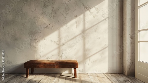 A simple brown bench sits in a room with sunlight streaming through the window, casting long shadows on the wall.