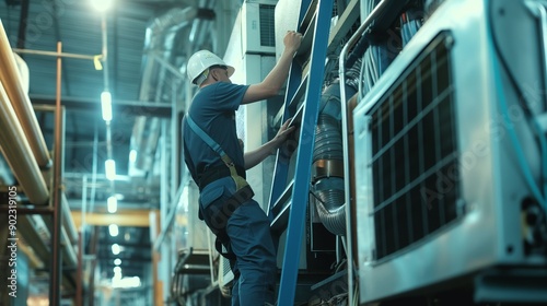 A dedicated worker in a hard hat and safety harness ascends a ladder in a bustling industrial setting, highlighting the dedication and hard work essential to manufacturin.Genrative ai illustration photo