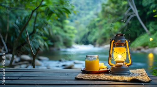 A serene riverside scene featuring a lantern, jar, and natural beauty, perfect for relaxation and outdoor inspiration. photo