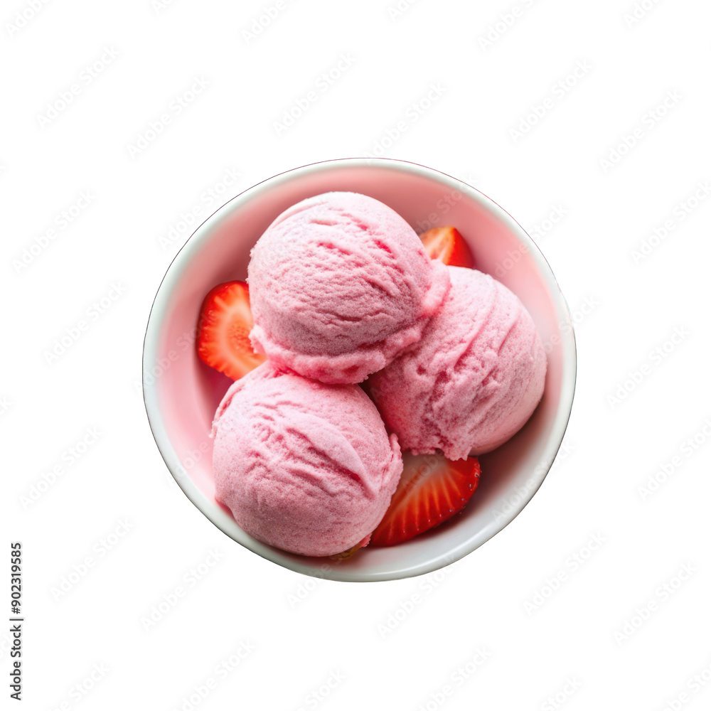 Strawberry ice cream melting in a white bowl on transparent background Strawberry ice cream melting in a white bowl on transparent background