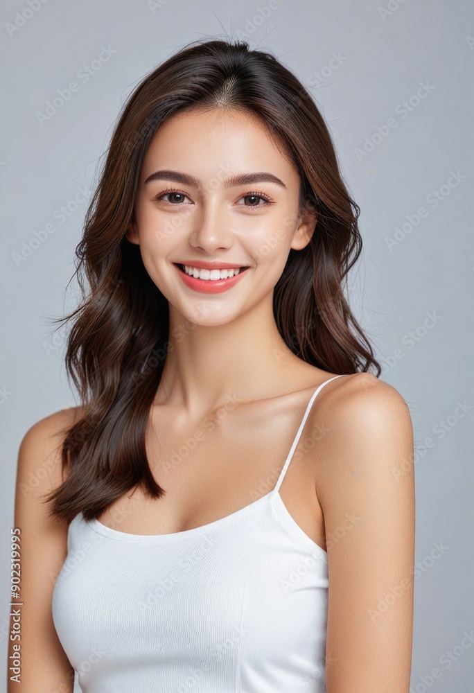 Portrait of young beautiful model stand on and smiling to the camera Portrait of young beautiful model stand on and smiling to the camera