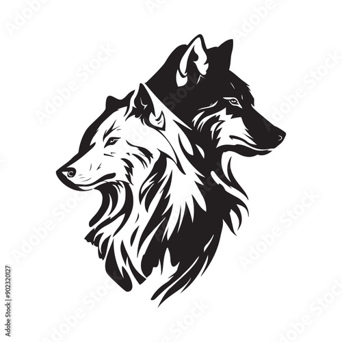  Two Wolves Black White logo design template image Vectors and Vector illustration of a wolf.