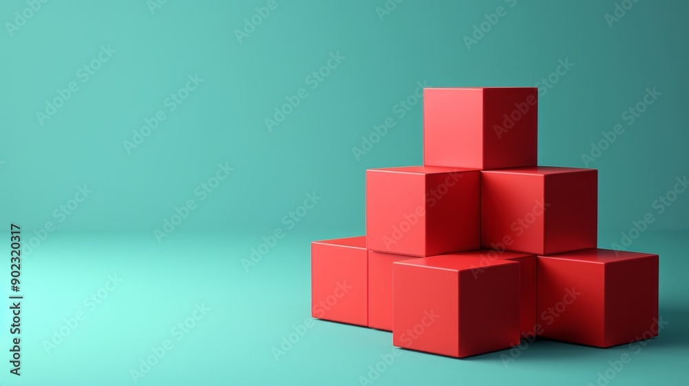 Red cubes stacked in a pyramid shape on a teal background. Minimalist geometric design. Red cubes stacked in a pyramid shape on a teal background. Minimalist geometric design.