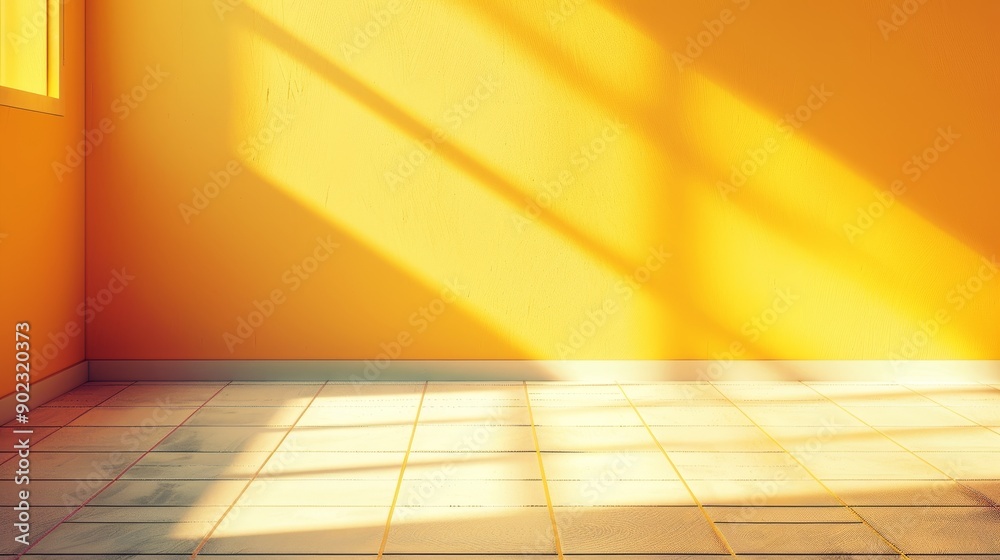 Sunlight streams through a window, casting diagonal shadows on a yellow wall and tiled floor. Sunlight streams through a window, casting diagonal shadows on a yellow wall and tiled floor.