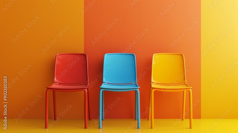 Obraz premium Three colorful chairs against a vibrant orange and yellow wall.
