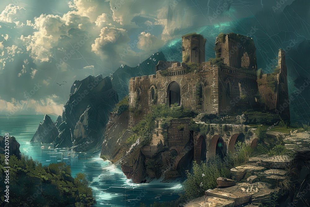 Ancient castle ruins stand tall on a rocky cliff overlooking the sea