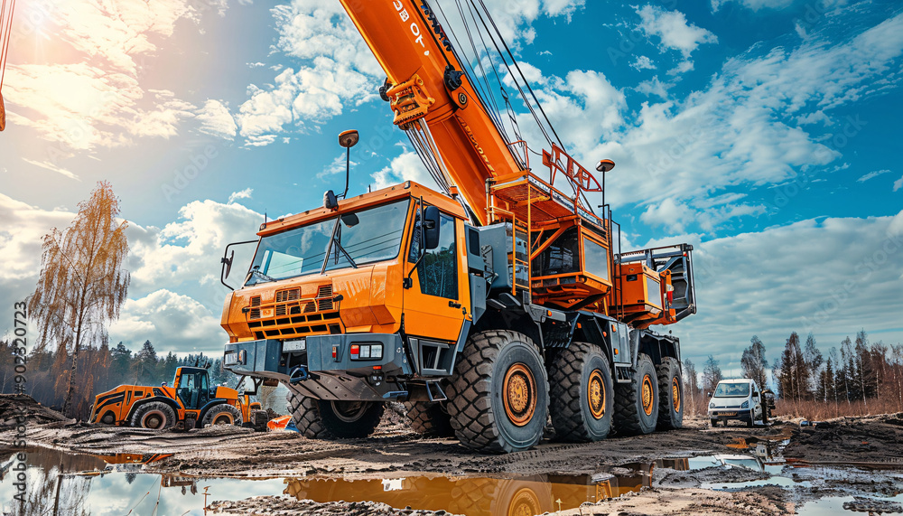 A mobile crane on a construction site, symbolizing progress and urban development A mobile crane on a construction site, symbolizing progress and urban development