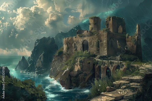 Ancient castle ruins stand tall on a rocky cliff overlooking the sea photo