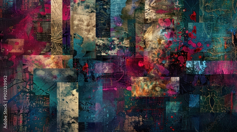 Abstract Background, a harmonious collage of mixed media in deep jewel tones, with intricate textures and layered patterns Abstract Background, a harmonious collage of mixed media in deep jewel tones, with intricate textures and layered patterns