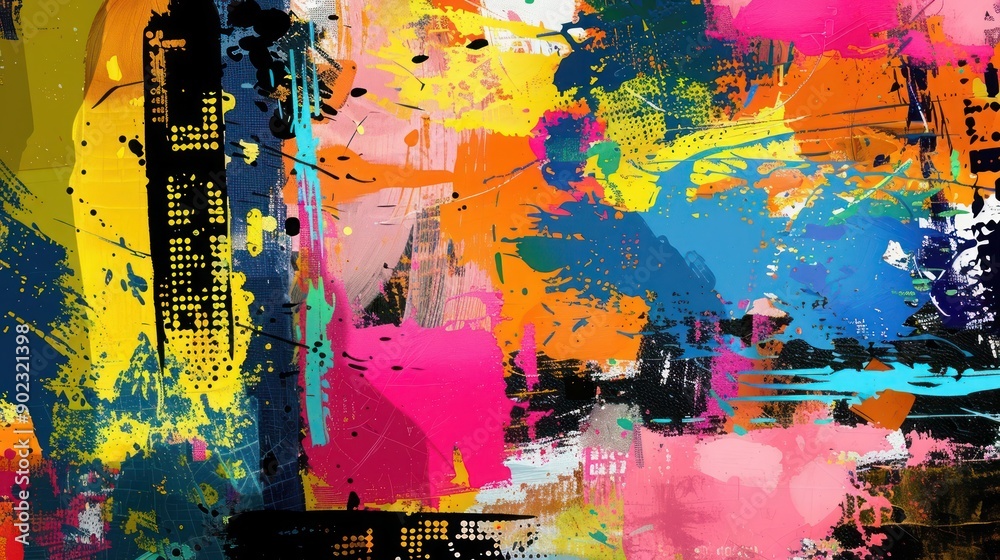 Naklejka premium Abstract Background, a lively composition of mixed media with contrast and pop, featuring bright patterns and bold textures in vibrant hues