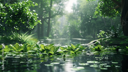 A serene forest scene with a tranquil stream, lush greenery, and sunlight filtering through the trees.