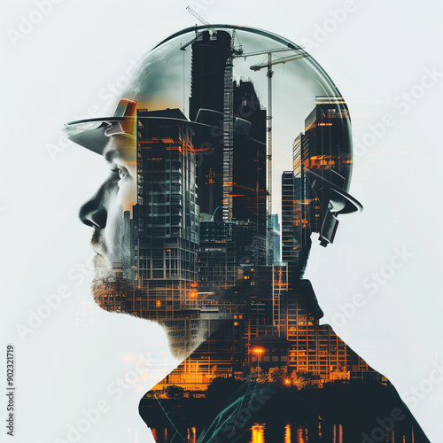 A man wearing a hard hat is looking at a city skyline. The image is a creative representation of a construction worker's perspective on the city. Scene is one of contemplation and focus