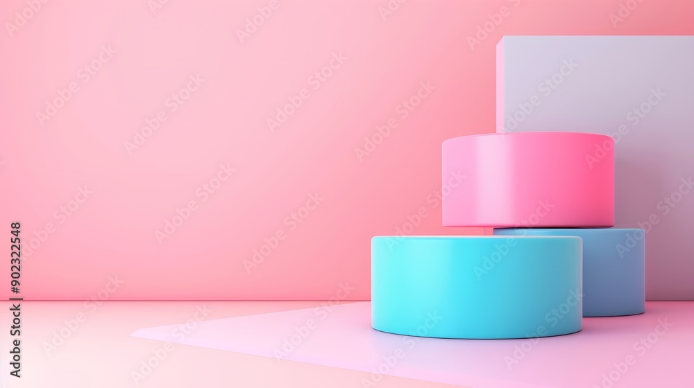 Minimalist product display with pastel pink, blue and white podiums against a pink background. Minimalist product display with pastel pink, blue and white podiums against a pink background.