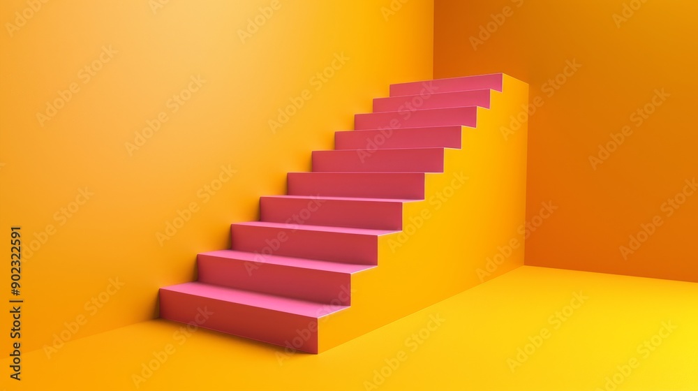 Fototapeta premium Pink stairs leading up in a bright yellow room. Minimalist design.
