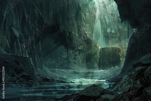 Ancient alien ruins in an underground cavern with a river flowing through it photo