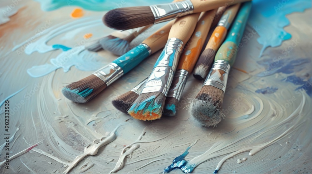 Group paintbrushes lying top abstract painting painting is Selec