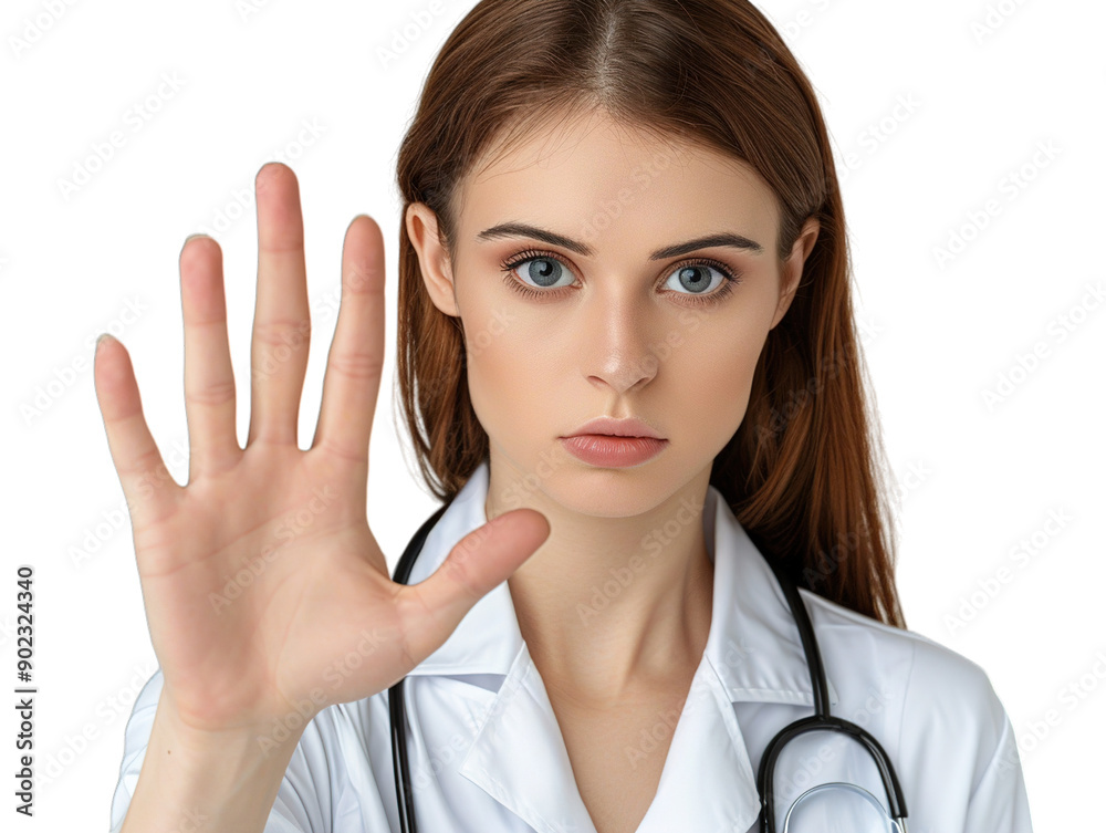 portrait of a female doctor showing stop gesture portrait of a female doctor showing stop gesture