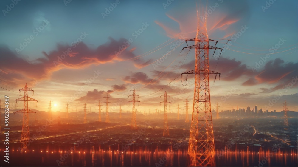 Fototapeta premium Cityscape power lines electricity pylons background sky is World
