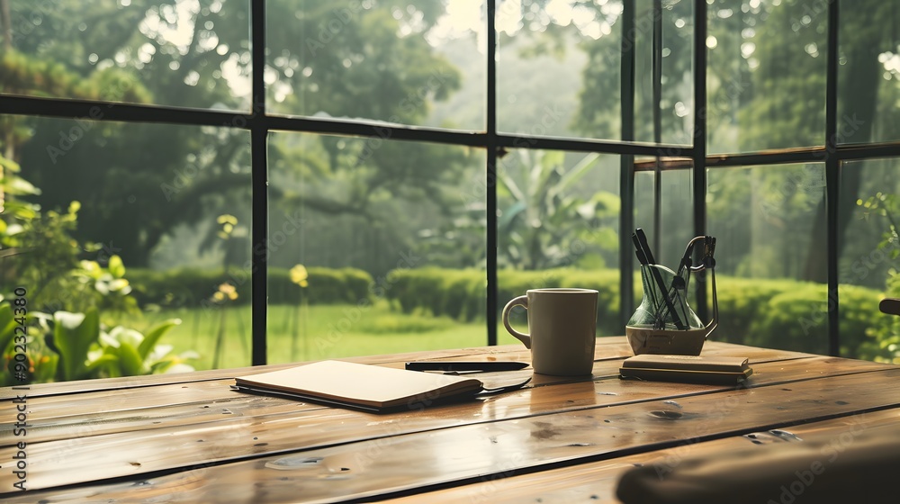 Illustration of A serene, minimalist workspace with a wooden table, a single notebook, and a cup of coffee, overlooking a beautiful, expansive garden through a large window. Ai Generate.
Illustration of A serene, minimalist workspace with a wooden table, a single notebook, and a cup of coffee, overlooking a beautiful, expansive garden through a large window. Ai Generate.