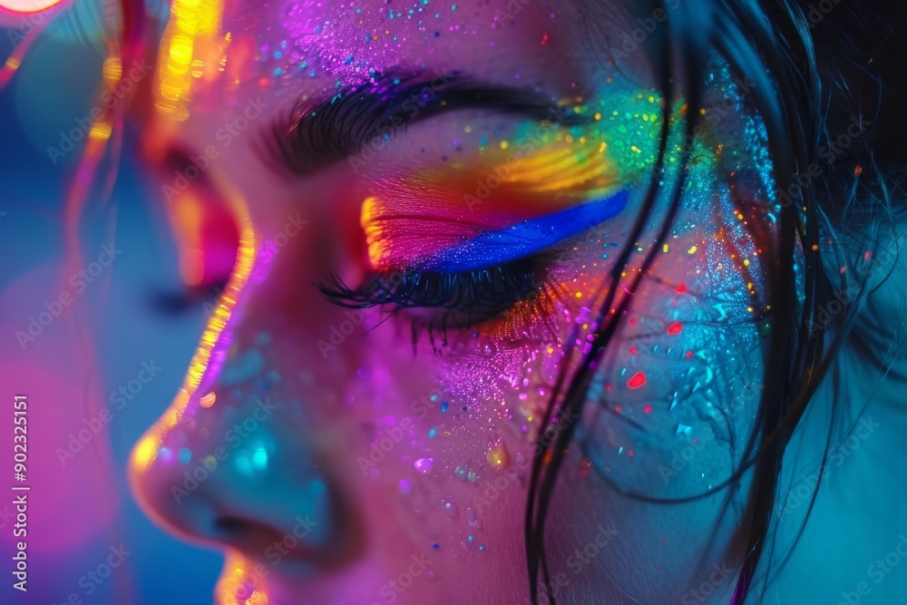 Close up of a womans face with neon makeup highlighting creativity and futuristic beauty in a vibrant colorful setting. Close up of a womans face with neon makeup highlighting creativity and futuristic beauty in a vibrant colorful setting.
