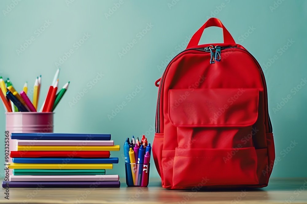 Red backpack full of stationery on wooden table against. Red backpack full of stationery on wooden table against.