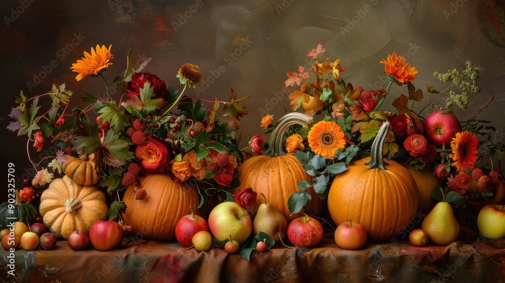 A still life arrangement of pumpkins, apples, pears, and flowers on a brown cloth table. A variety of fall foliage and flowers are arranged around the pumpkins. The arrangement is lit from the left, c A still life arrangement of pumpkins, apples, pears, and flowers on a brown cloth table. A variety of fall foliage and flowers are arranged around the pumpkins. The arrangement is lit from the left, c