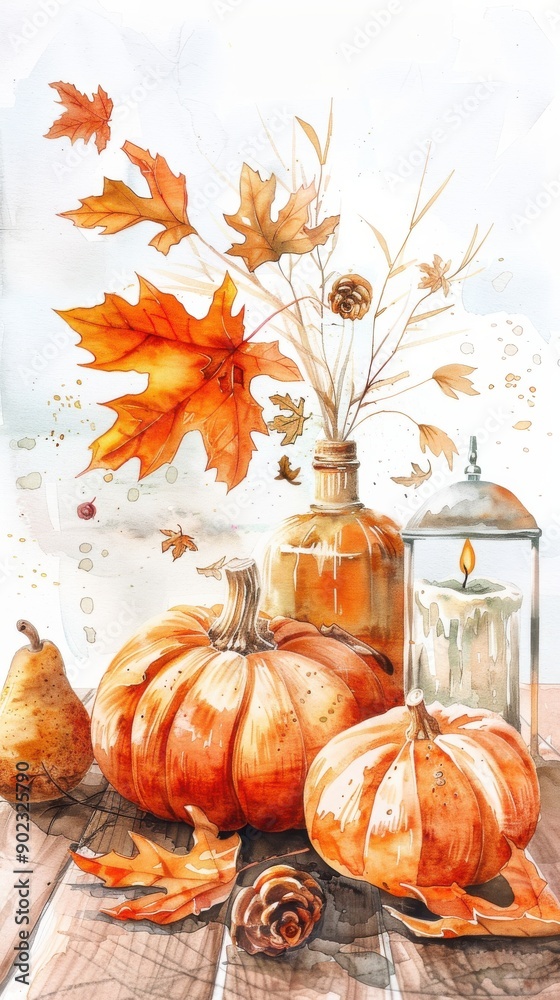 Naklejka premium A watercolor painting depicts a still life arrangement of pumpkins, autumn leaves, a pear, a lit candle in a lantern, and a glass bottle filled with fall foliage. The objects are arranged on a wooden 
