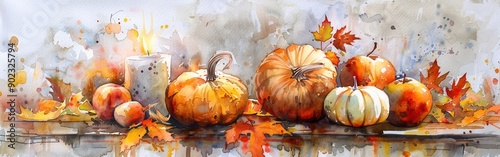 A watercolor painting depicts a still life arrangement of pumpkins, apples, and a candle, set against a soft, gray background. Scattered autumn leaves add a touch of warmth and color to the scene, sug photo