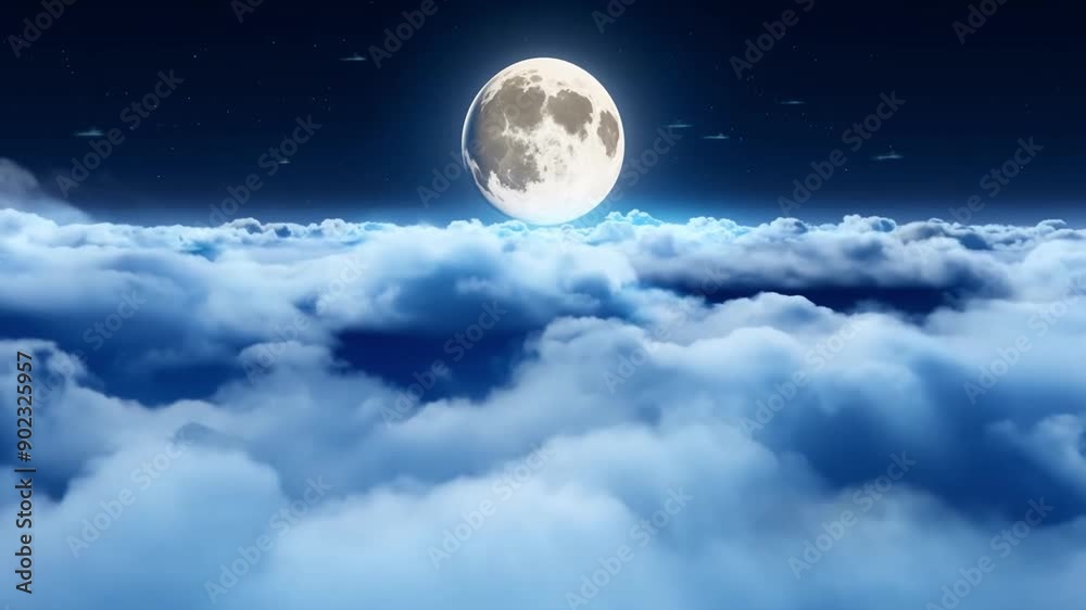 Beautiful Moon in the Skies. Flying Over the Infinite Clouds with the Night Moon Shining Seamless. Looped 3d Animation with Moonlight Beautiful Moon in the Skies. Flying Over the Infinite Clouds with the Night Moon Shining Seamless. Looped 3d Animation with Moonlight