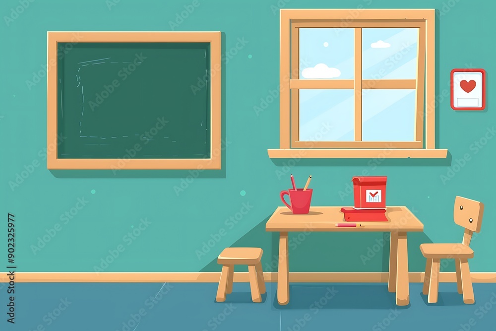 Fototapeta premium Interior of classroom with desk and blackboard.