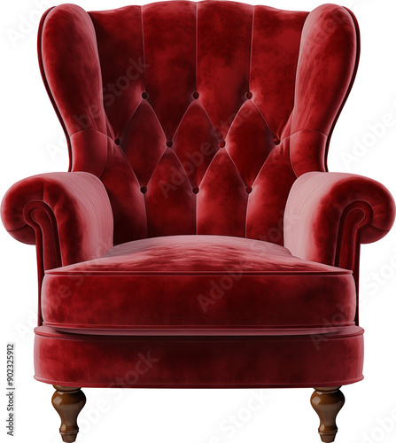 Elegant red velvet tufted armchair with wooden legs