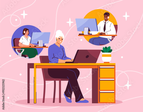 Senior woman learning. Elderly woman with laptop. Video call and communication on social networks, business conference on Internet. Grandmother with computer. Flat vector illustration