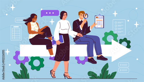 Shared responsibility concept. Collaboration and cooperation, partnership, teamwork. Man and women working on common project and start up. Flat vector illustration isolated on blue background