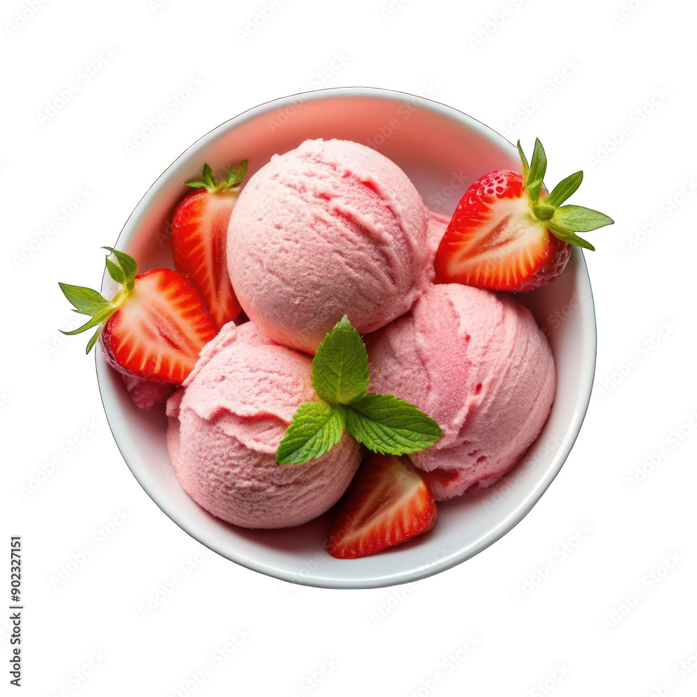 Strawberry ice cream melting in a white bowl on transparent background Strawberry ice cream melting in a white bowl on transparent background