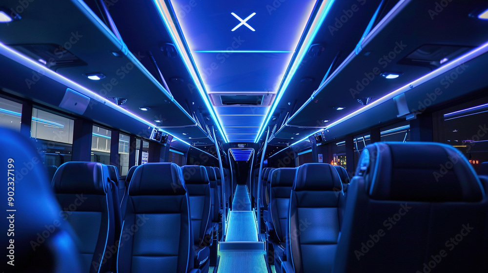 inside chairs layout model bus with blue lamp in the night inside chairs layout model bus with blue lamp in the night