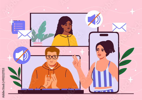 Sign language translation. Deaf man and woman communicate using sign interpreter on Internet. Communication on social networks. Support for people with disabilities. Flat vector illustration