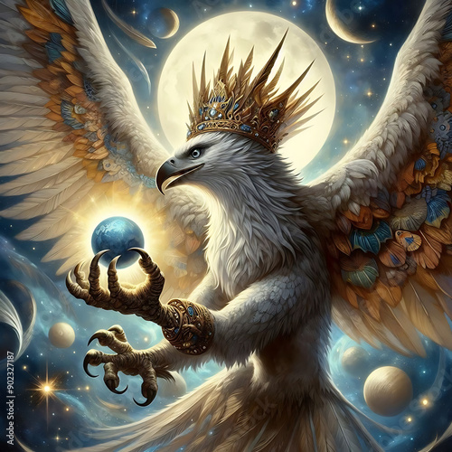 Eagle in the space with stars and planets. 3D rendering