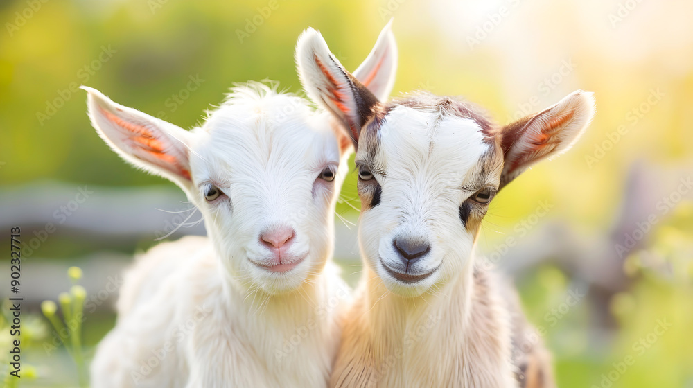 Two adorable baby goats frolicking happily in a lush green field on an idyllic summer day at the farm The cute fluffy kids are the picture of carefree joy and innocence Two adorable baby goats frolicking happily in a lush green field on an idyllic summer day at the farm The cute fluffy kids are the picture of carefree joy and innocence