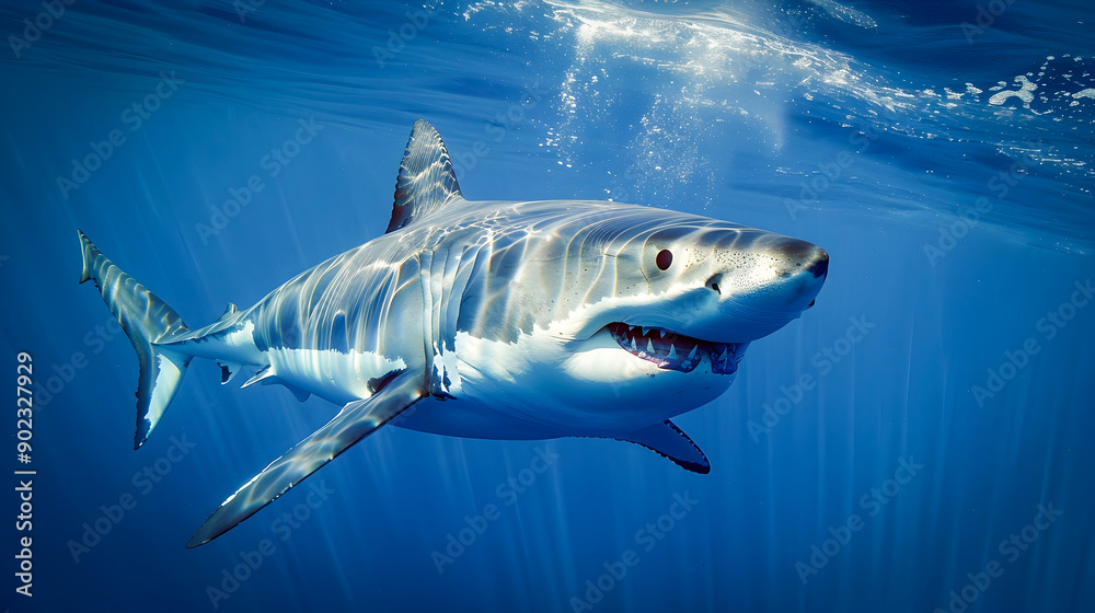 Fototapeta premium Majestic Great White Shark Swimming Gracefully in Pristine Blue Ocean Waters Powerful Predator Showcasing Its Domination of the Underwater Marine Ecosystem
