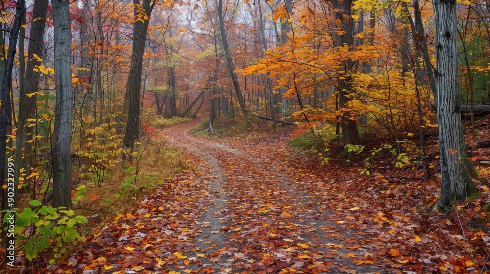 Obraz premium A winding dirt path through a dense forest, lined by tall trees with vibrant autumn leaves in shades of red, orange, and yellow. The ground is covered in a thick layer of fallen leaves, and a light fo