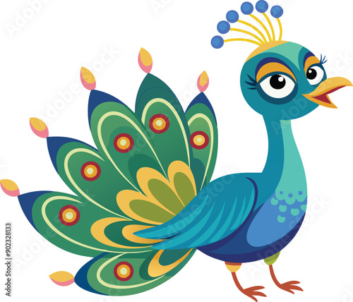 Cute Beautiful Cartoon Peacock Vector Illustration Art