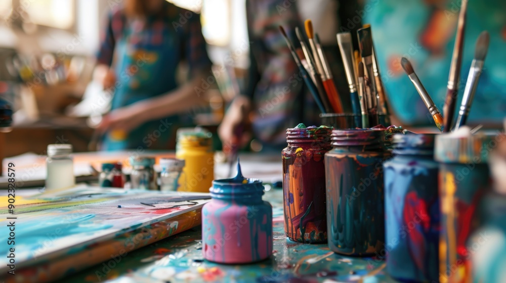 Vibrant art studio with paint jars, brushes, and canvas in focus as artists work in the background. Used for concepts related to creativity, artistic expression, and collaborative art spaces.