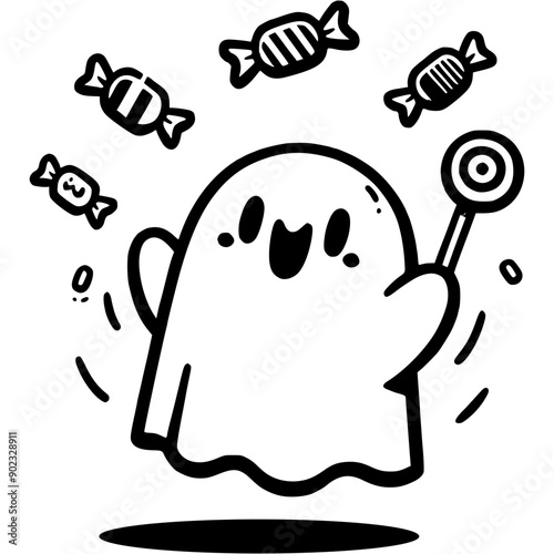 Halloween ghost happily throws candy over her head in monochrome. Simple minimalistic vector in black ink drawing on transparent background